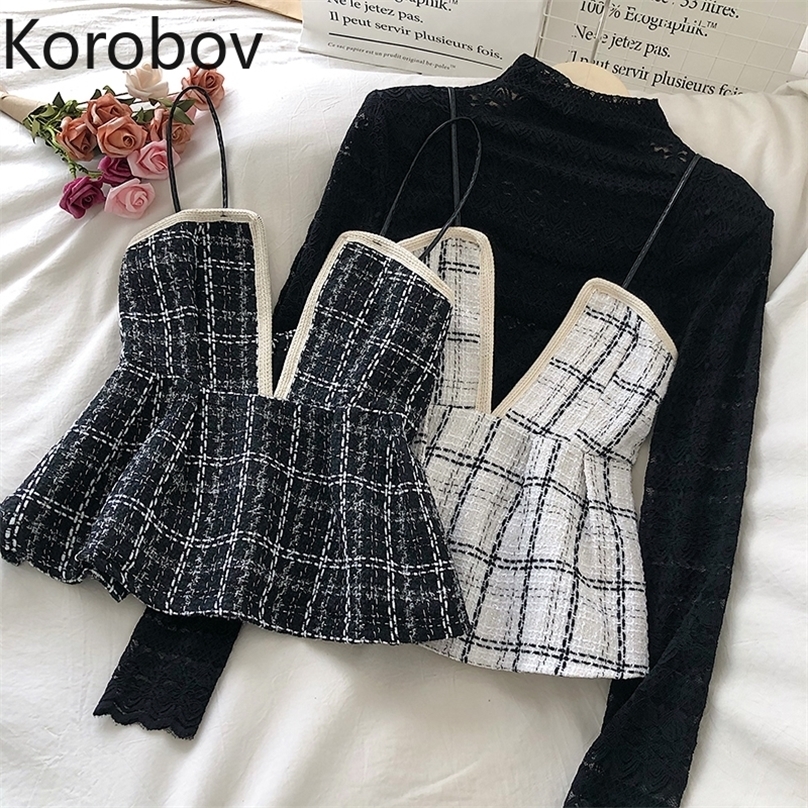 

Korobov Vintage Hit Color Elegant Women Tank Top Chic Knitted Spaghetti Strap Tops Streetwear OL Ruched Female Vest 220318, Black