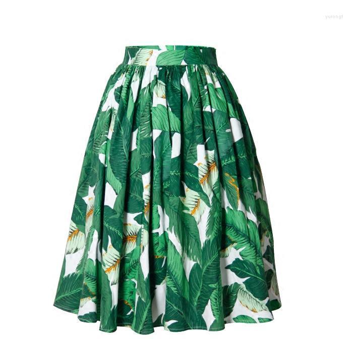 

Skirts Customize Women Summer Fashion Casual Plus Size 3XS-10XL Retro Vintage Green Leaf Printing High Waist Knee Length A Line Skirt, Picture color