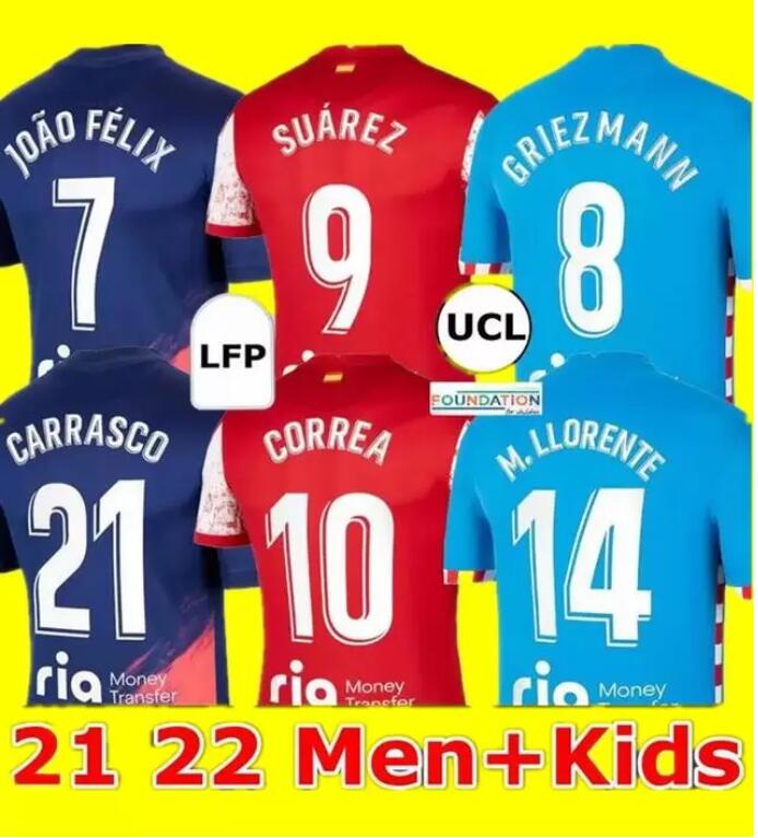 

21 22 Atletico Soccer Jerseys SUAREZ GRIEZMANN JOÃO FÉLIX 2021 2022 Madrid M. Llorente CORREA KOKE Camisetas de fútbol LEMAR CARRASCO men and kids kit Football Shirt, Third+sponsor