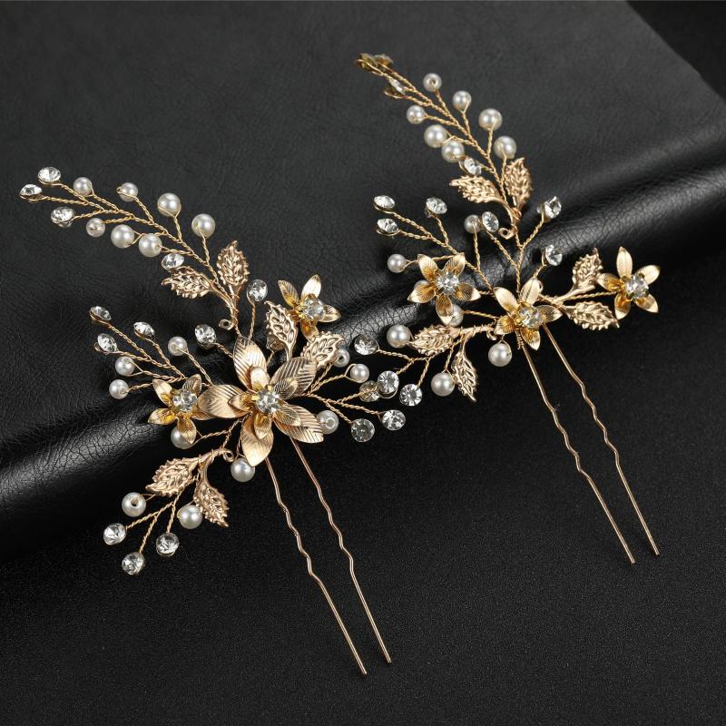 

Hair Clips & Barrettes 2pcs Gold Leaves Wedding Bridal Pins Vintage Crystal Pearls Hairpins Prom Party Jewelry Accessories For WomenHair
