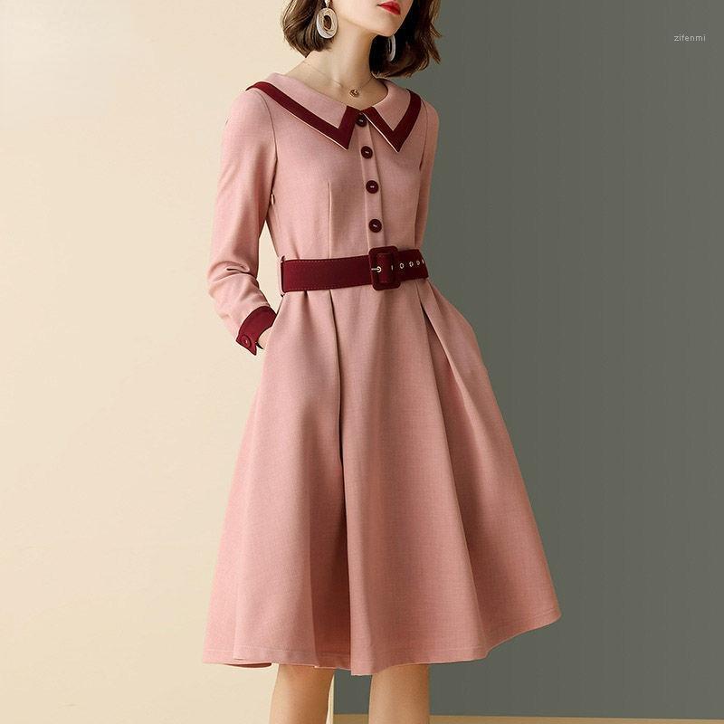 

Casual Dresses Vintage Women Dress Autumn Winter Doll Collar Button Tunic French Style Elegant Office Ladies OL Midi Clothing, Pink