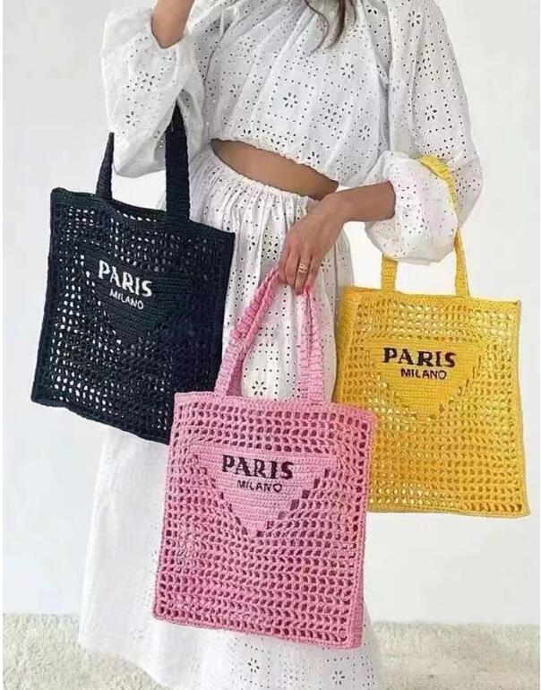 

2022 Hot Ins Designer Brands Hollow Letters Raffia Straw Tote Fashion Paper Woven Women Shoulder Bags Summer Beach Handbag Luxury Bag, Pink