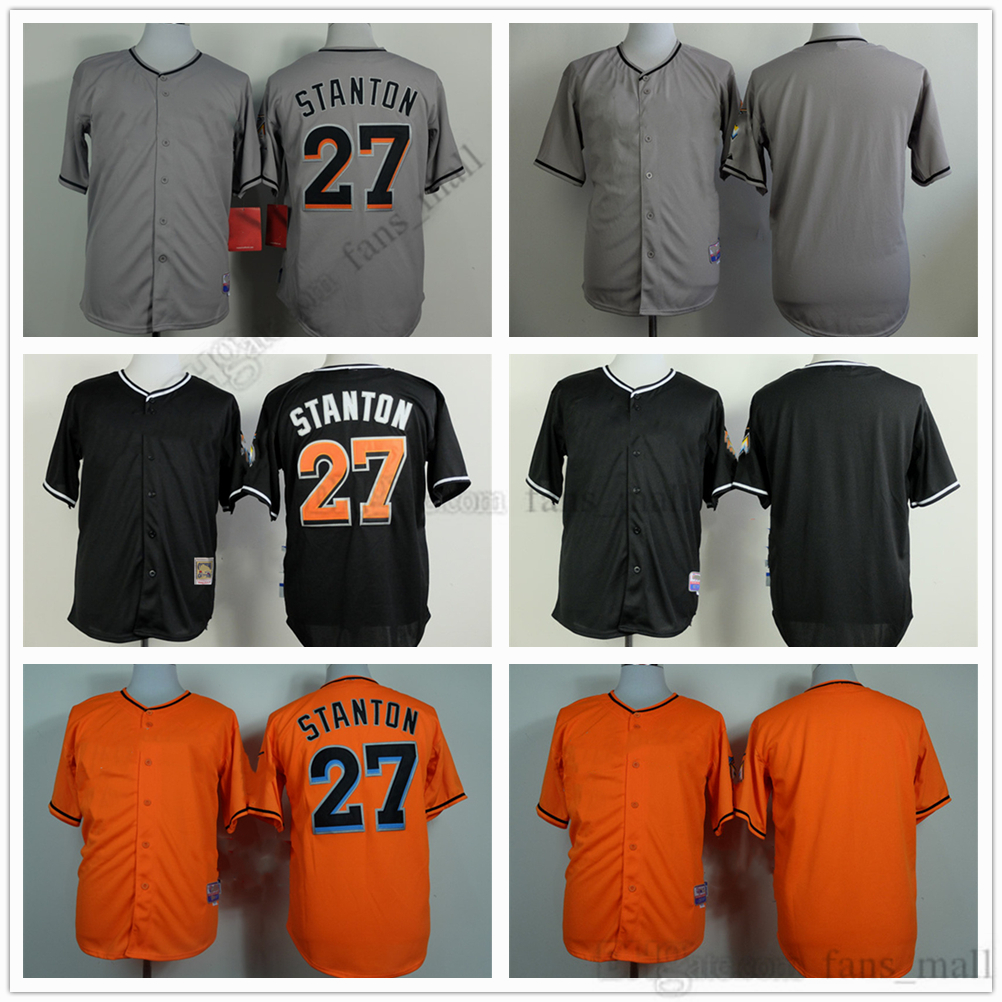 

Movie Mitchell and Ness Baseball Jersey Vintage 27 Mike Stanton Jersey Stitched Breathable Sport Sale High Quality Man black grey orange, As picture (with team name)