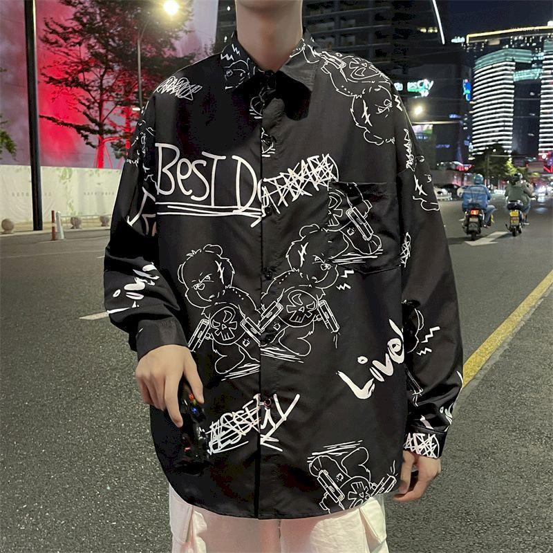 

Men's Casual Shirts Gothic Shirt Men Long-sleeved Black Spring Autumn Thin Loose Blouse Hong Kong Style Print High Street Male Clothes