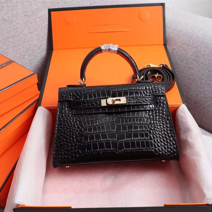 

5A Women Designers Bags Classic luxury handbags crocodile leather ladies messenger bag Pure color shoulder backpack kellys's handbag, Blacks