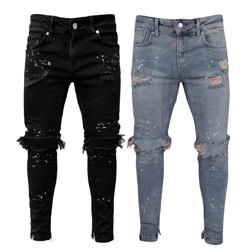 

Men's Jeans For Men Fashion Pants Slim High Paint Ripped Men's Street PantsMen's, Black