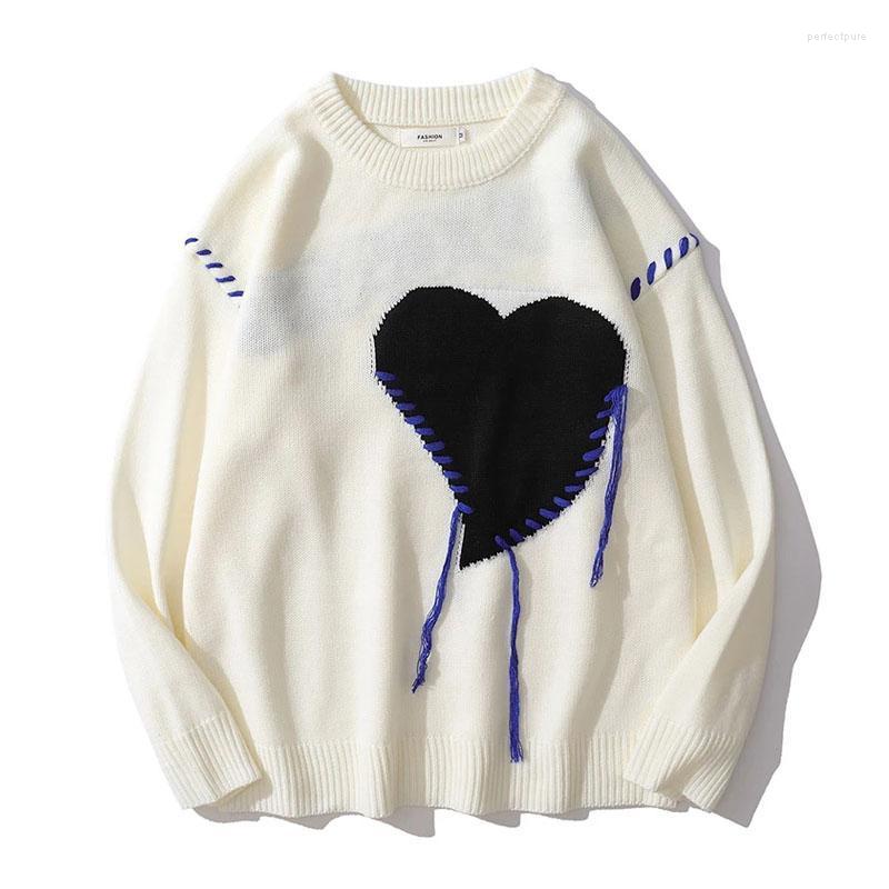 

Men's Sweaters Harajuku Heart-shape Pattern Tassel Knitted Ugly Men Hip Hop Vintage Casual Loose O-Neck College Style Pullover Couples Perf2, Black