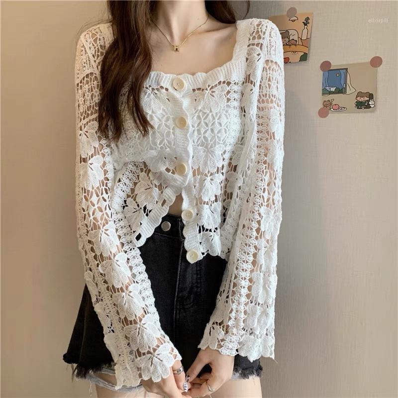 

Women's Blouses & Shirts Crochet Top 2022 Kimono Cardigan Crop Tops Lace Long Sleeve White Blouse Women Square Neck Hollow Out Blusas Tunics