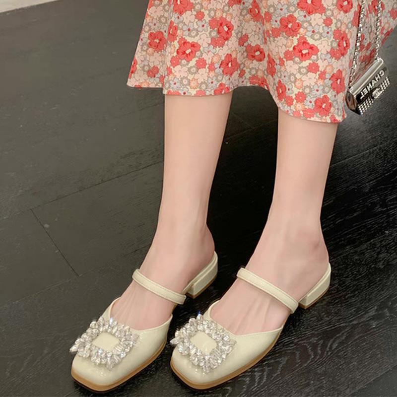 

Slippers Women Summer Female PU Leather Square Toe Crystal Slip On Shoes Laides Solid Color Chunky Heels Elegant FootwearSlippers, Green