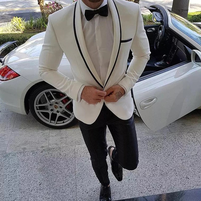 Costume italien blanc Slim Fit pour homme, 2 pièces, Tuxedos de marié avec pantalon noir, revers châle, veste personnalisée à la mode pour homme