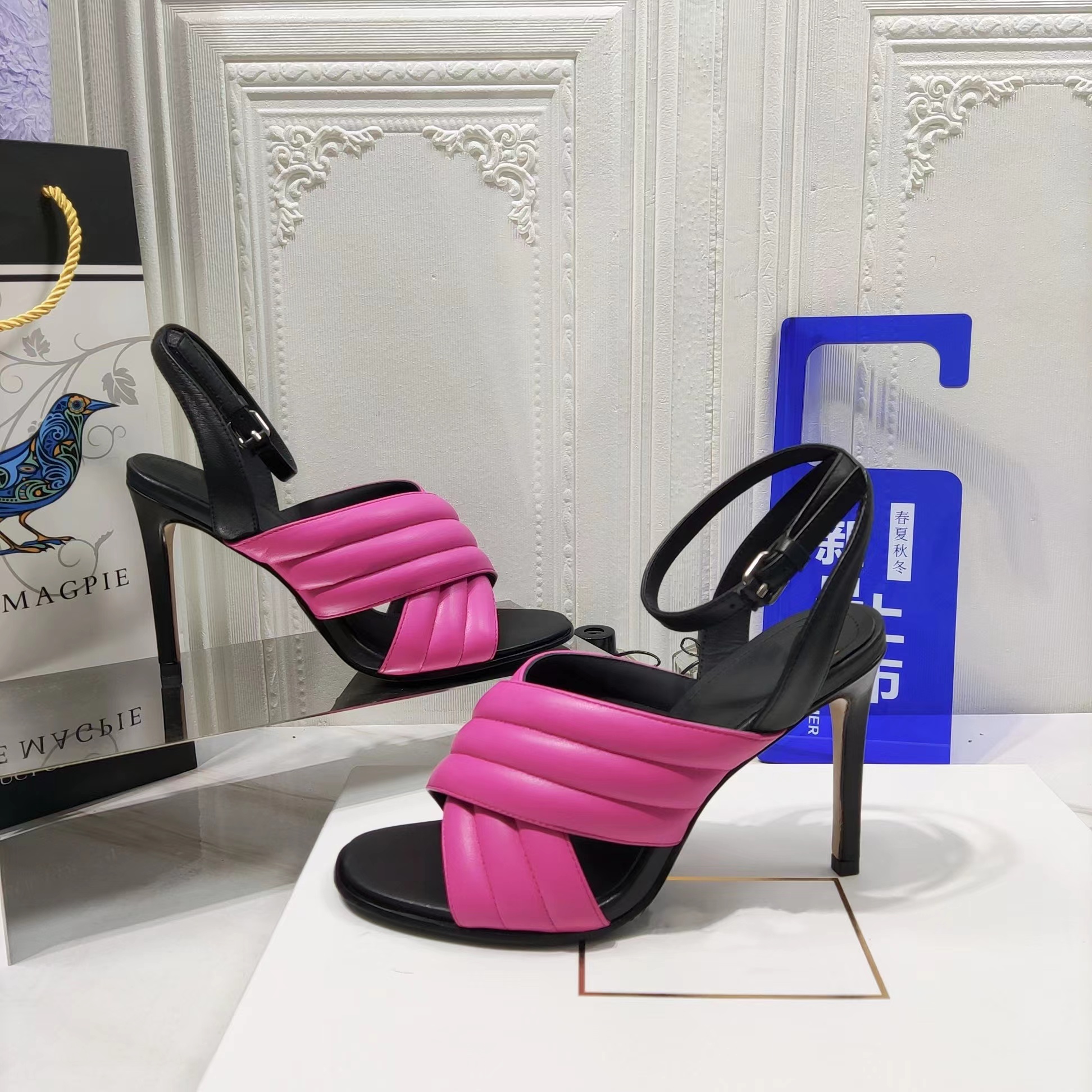

2022 Summer Sexy Genuine Leather Ankle-Warp Woman Sandals Open-Toes Thin Heels Woman Morden shoes, Pink