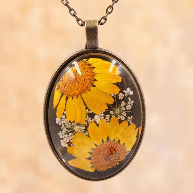 

Pendant Necklaces Real Dried Flower Locket Glass Handmade Leather Chain Statement Necklace For Women GiftsPendant