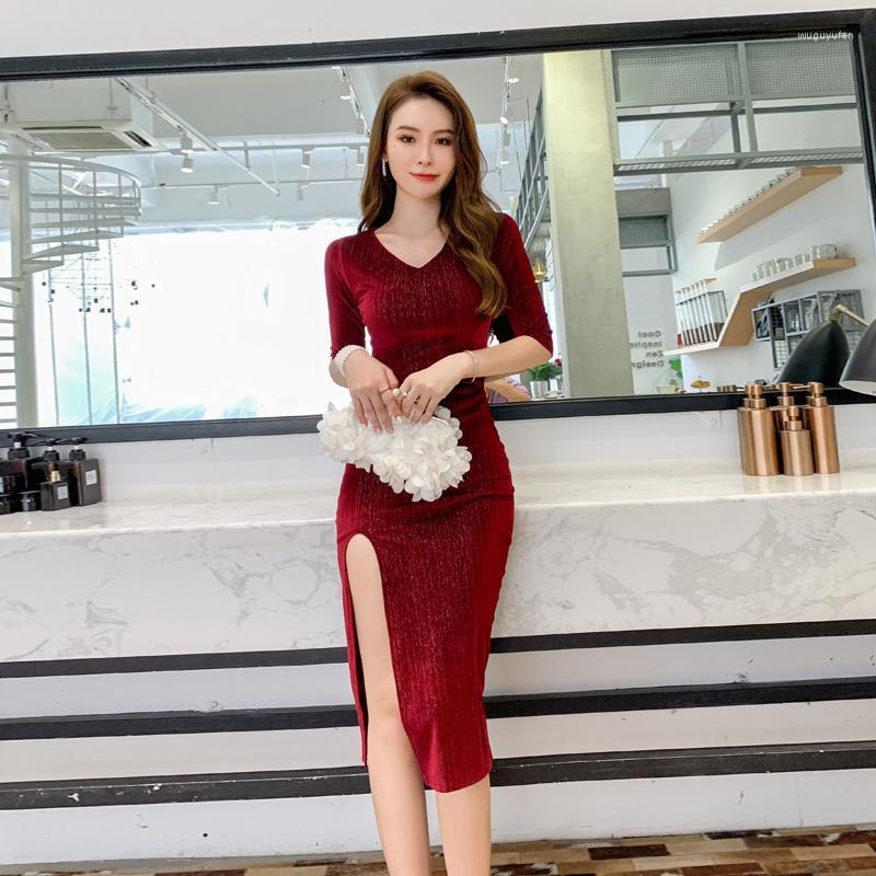 

Casual Dresses Hip Wrap Ladies For Women 2022 Elegant Tight Dress V-neck Women's Clothing Winter Woman Clothes Party Female Midi Long, Black
