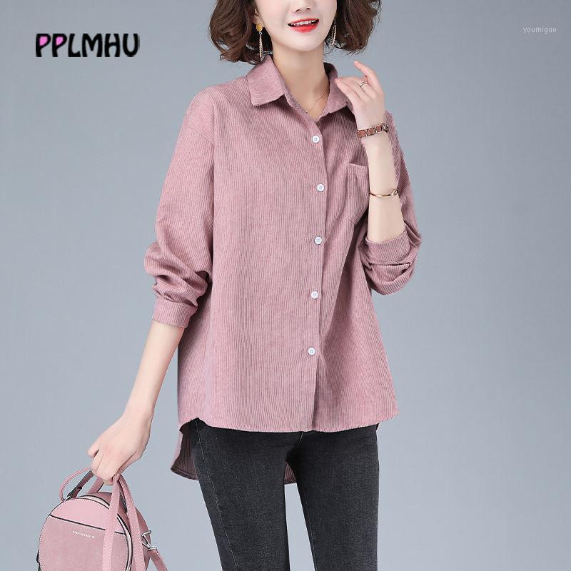 

Solid Color Corduroy Shirts Women Vintage Long Sleeve Blouse 2022 Spring Casual Loose Turn-down Collar Pink Tops Blusas Feminina Women's Blo, Black