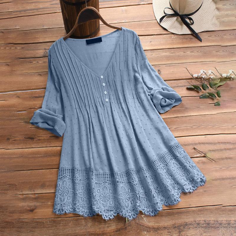 

Women's Blouses & Shirts Women Lace Tops And Blouse Plus Size Vintage Ruffled Retro Three Quarter Sleeve Button V-neck Shirt Blusas, Sky blue