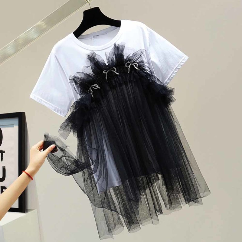 

2022 New Patchwork Mesh Ruched T Shirt For Women O Neck Short Sleeve Bowknot Casual T Shirts Female Fashion New Summer Top 0613, White