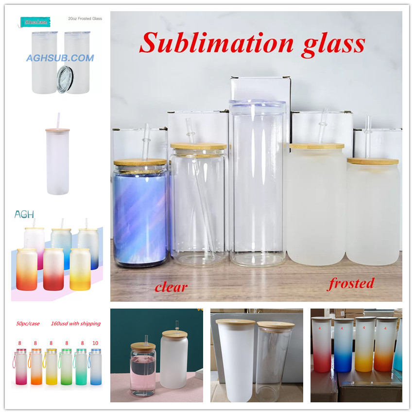 

USA Local Warehouse Sublimation glass tumbler with Bamboo Lid 12oz 16oz 20oz 25oz clear frosted glasses mason jar beer cola can reusable Plastic Straw bottle, Multi-color