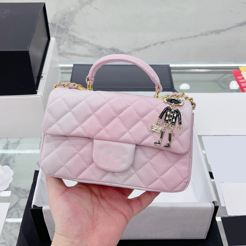 

2022Ss W France Womens Painted Smudge Princess Classic Mini Flap Bags Trendy Top Handle Totes Purse Quilted Pink Gold Hardware Chain Crossbody Shouder Handbags 20CM, Box