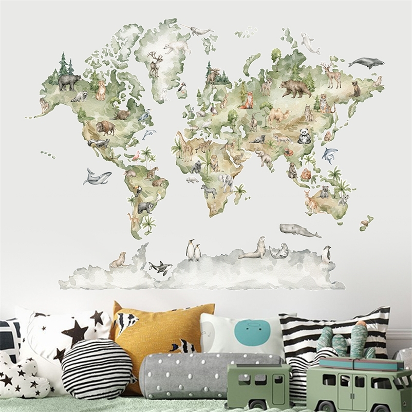 

Watercolor World Map Animals Wildlife Wall Stickers Removable Vinyl Wall Decals Print Kids Room Playroom Interior Home Decor 220613