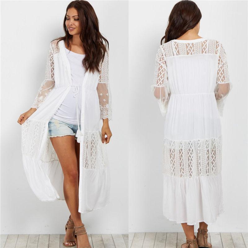 

Women's Blouses & Shirts 2022 Sexy Lace Cotton Patchwork Self Belted Summer Beach Tunic Plus Size Beachwear Kimono Cadigan Long Women Tops B, White