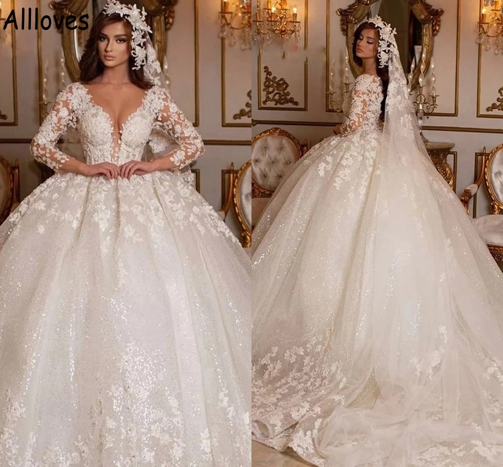 

Gorgeous Princess Ball Gown Wedding Dresses With Long Sleeves Lace Appliqued Sequins Formal Bridal Gowns Sexy Deep V Neck Puffy Dubai Arabic Vestidos De Novia CL0985, Yellow