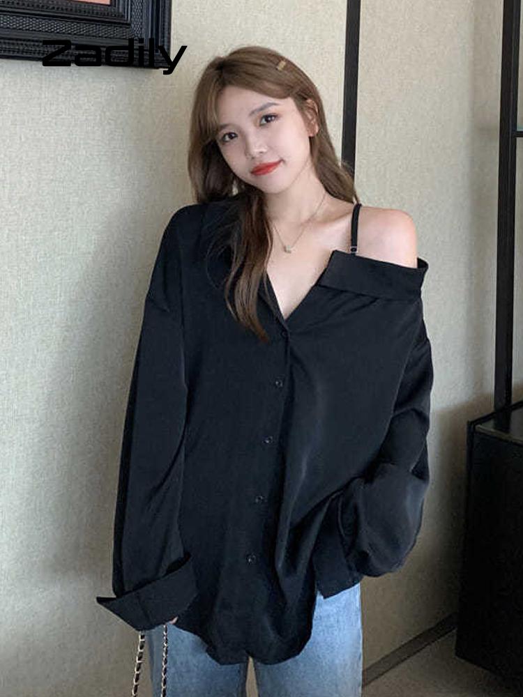 

Women's Blouses & Shirts Zadily Oversize One Shouler Black Shirt Women Casual Long Sleeve Button Ladies Blouse 2022 Summer Daily Female Tops