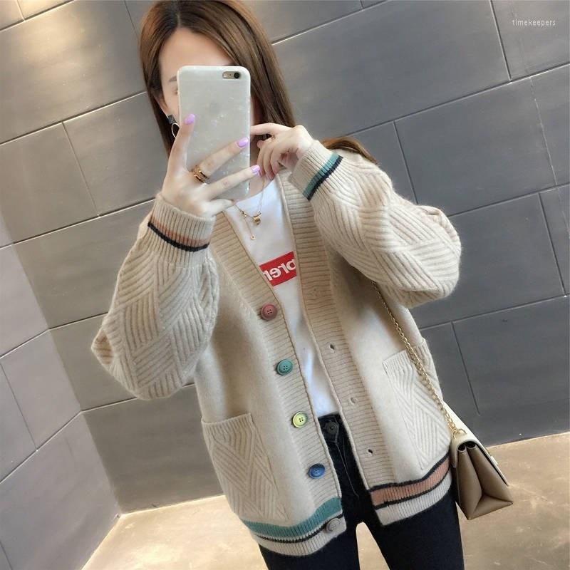 

Women's Knits & Tees Autumn Spring Fashion Patchwork Long Sleeve V-Neck Knitted Sweater Women Tops 6 Color Loose Big Pocket Knitting Cardiga, Black