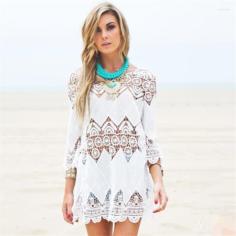 

Women's Swimwear White Bikini Cover Up Hollow Out Lace Patchwork Beach Tuincs Sexy Mini Dress Vestidos Summer Beachwear Bathing Suit