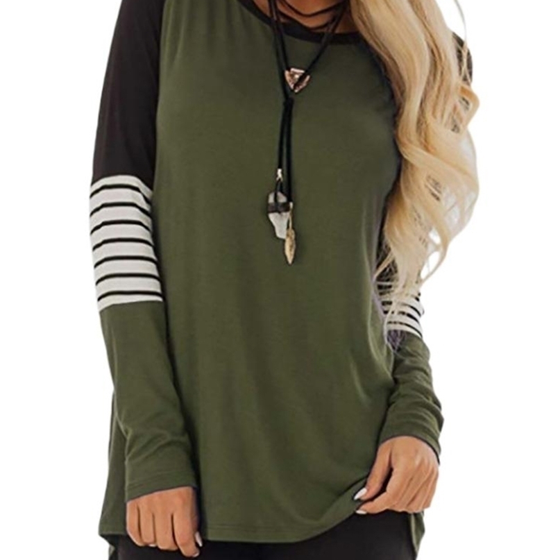 

ONCE Fashion Women Summer Long Sleeve Patchwork Shirt Ladies Round Neck Loose Casual Solid Tee Shirts Tops 220402, Black