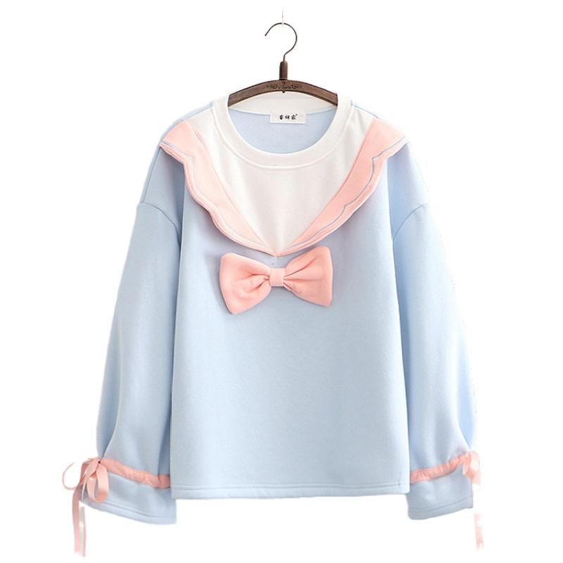

Women's Hoodies & Sweatshirts 2022 Autumn Sweet Style Velvet Women O-neck Loose Fake Two Piece Sweatshirt Girl Casual Pullovers 209748Women', Sky blue