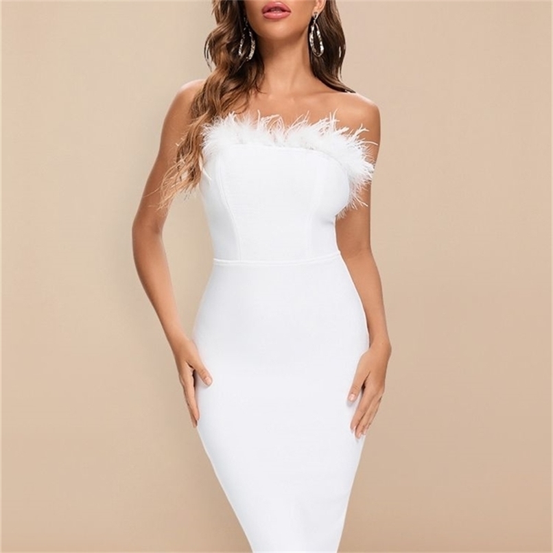 

BEAUKEY White Sexy Women HL Bandage Dresses Bodycon Slash Feathers Club Black Strapless Celebrity Vestido Knee Length 220406, Red