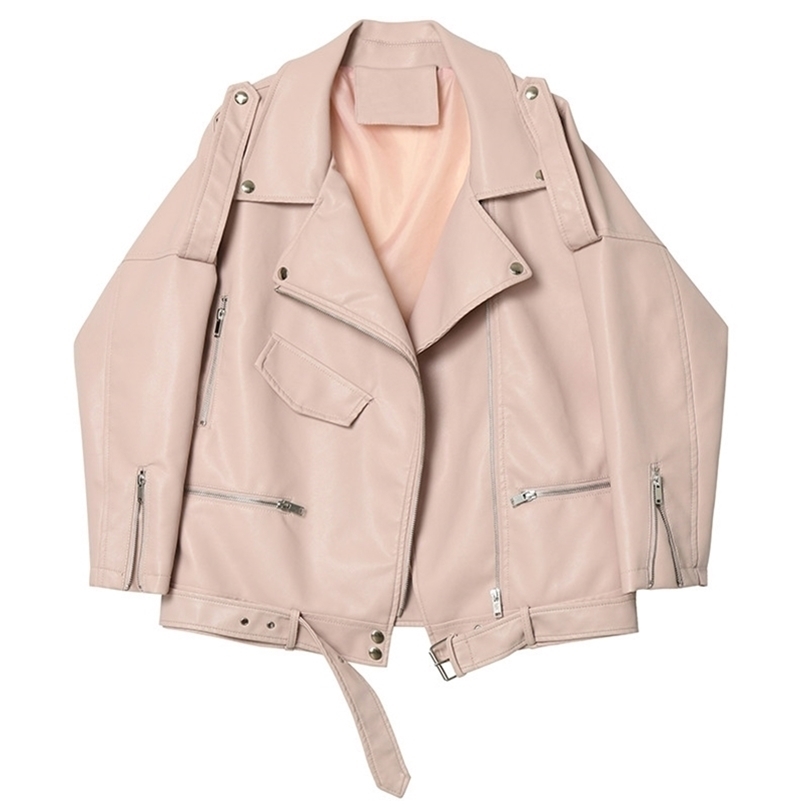 

Women Faux Leather Jacket Autumn Loose Biker Motorcycle Short Coat Ladies Turndown Collar Zipper Pu Outwaear Female Punk Pink 210525, Black