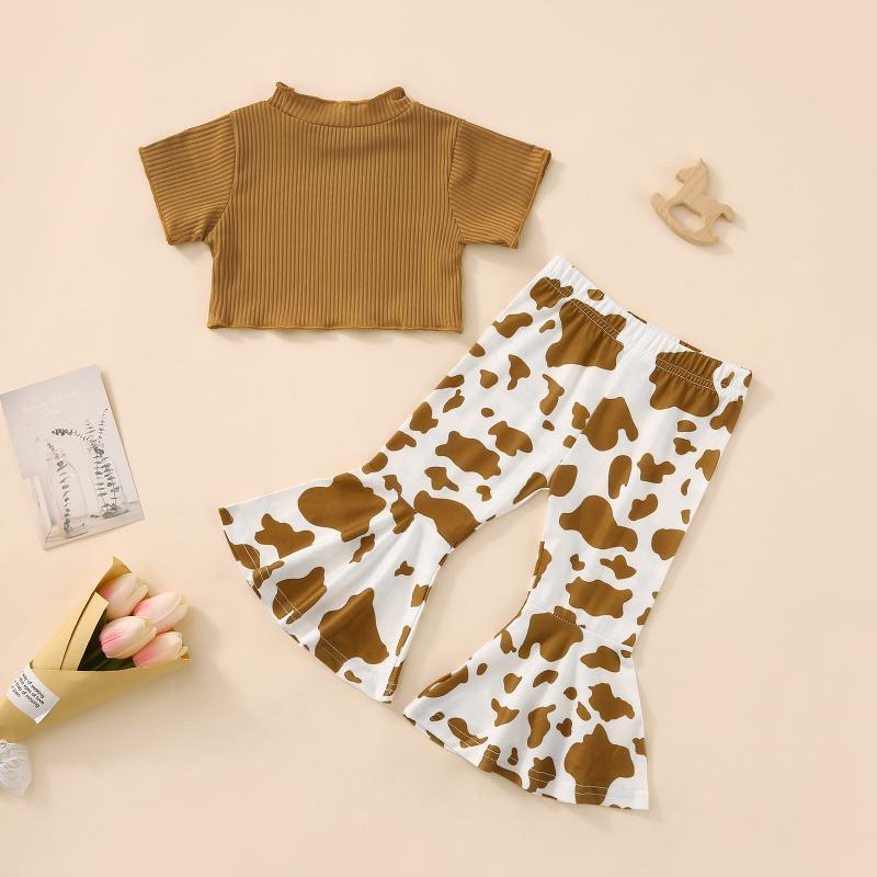 

Clothing Sets Ma&baby 6M-4Y Infant Toddler Baby Kid Girl Clothes Set Knitted Ruffle T-shirt Tops Cow Print Flare Pants Summer Costume D0, Khaki