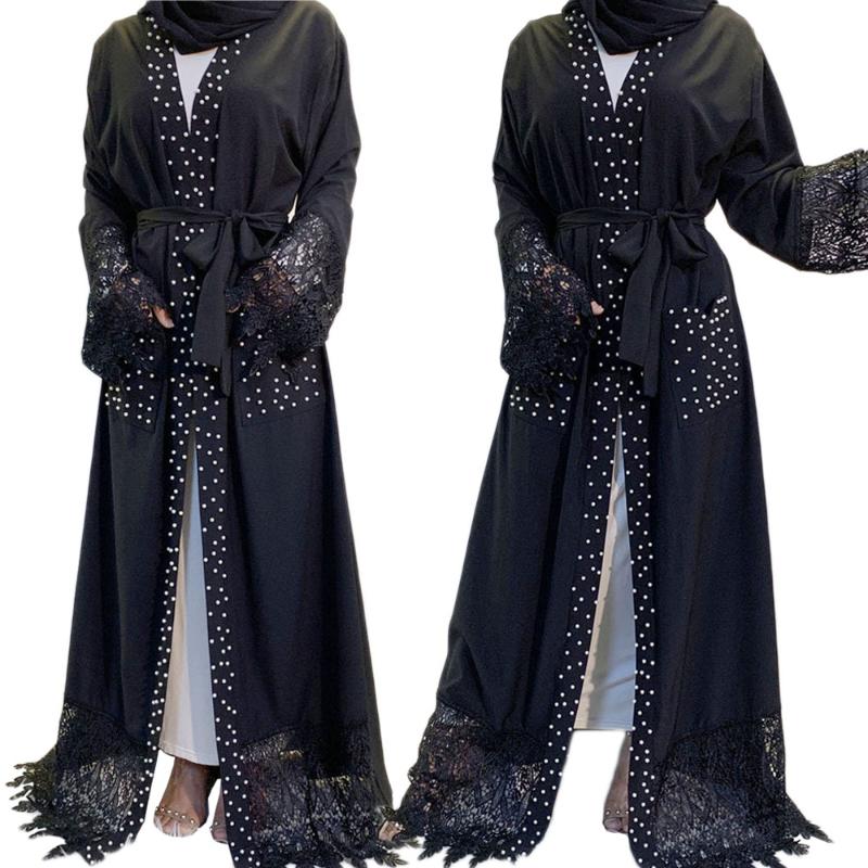 

Ethnic Clothing Abaya Muslim Beading Patchwork Women Arab Maxi Robe Gown Lace Open Kimono Pockets Middle East Dubai Kaftan