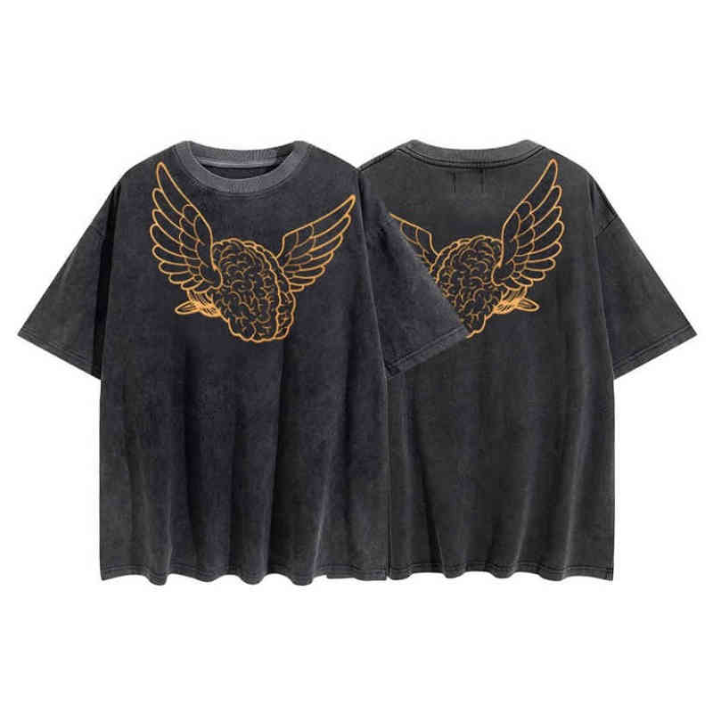 

Men' T-shirts Galley Deps Trendy High Level Shirt Creative Fun Wings Brain Print Short Sleeve Vintage Street Wash Water Used T-shirt, Wash black
