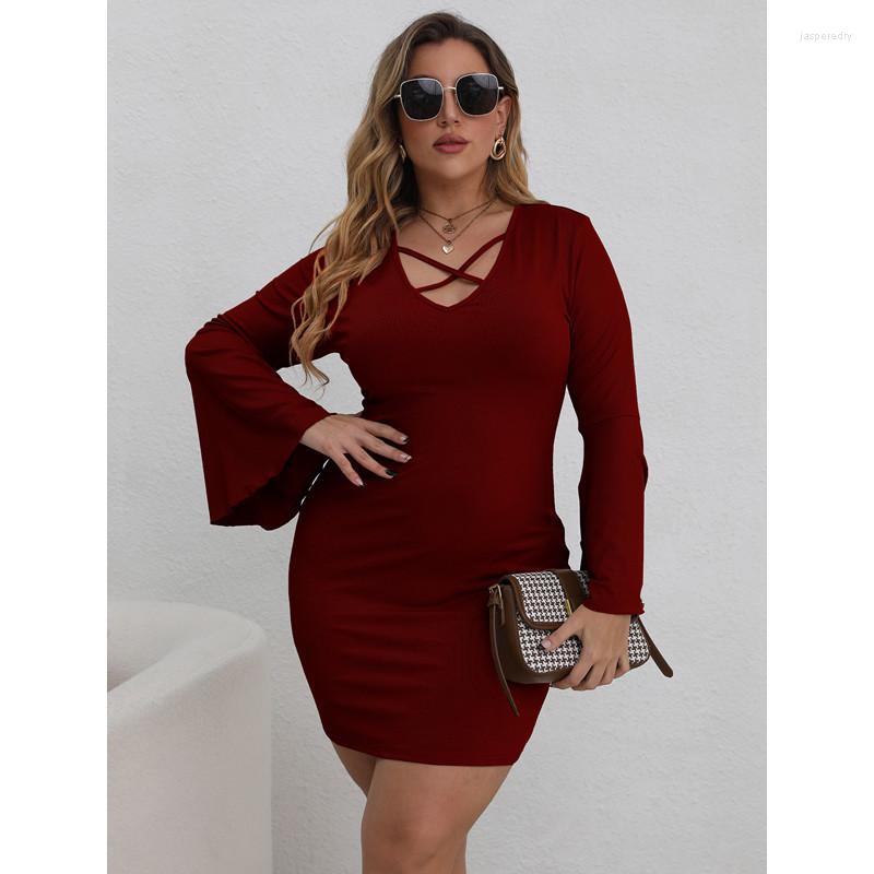 

Plus Size Dresses Hollow Out V-Neck Sexy Party Dress Women Long Sleeve Autumn Witer Bodycon Mini Lady Package Hip Vestidos Jasp22, Hy86061698 orange