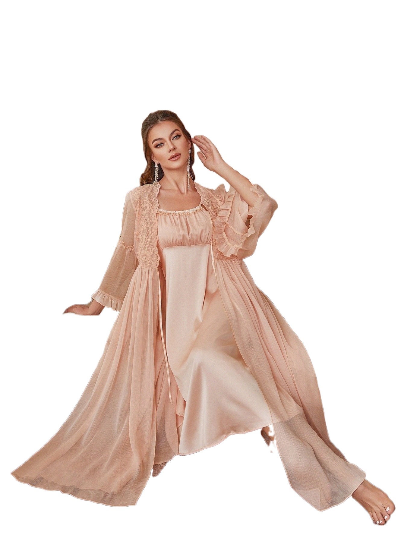 

contrast Lace Flounce Sleeve Chiffon Robe & Ruched Bust Cami Dress PJ Set e2rV#, Coral orange