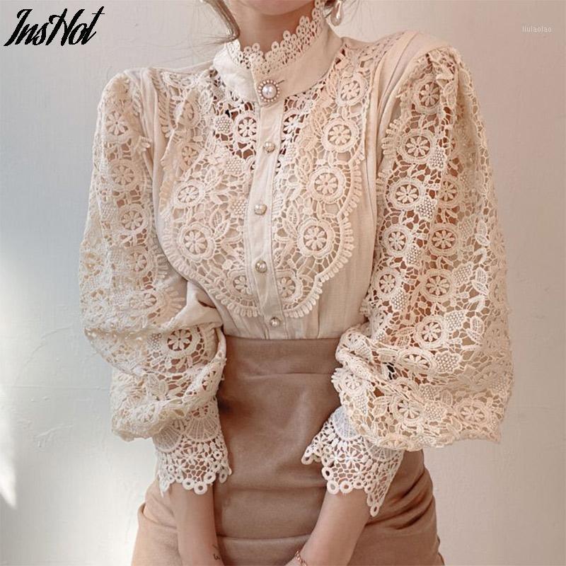 

Chic Button Hollow Out Flower Lace Patchwork Shirt Stand Collar All-match Femme Blusas Petal Sleeve Women Blouses Women' & Shirts, 03 picture 3