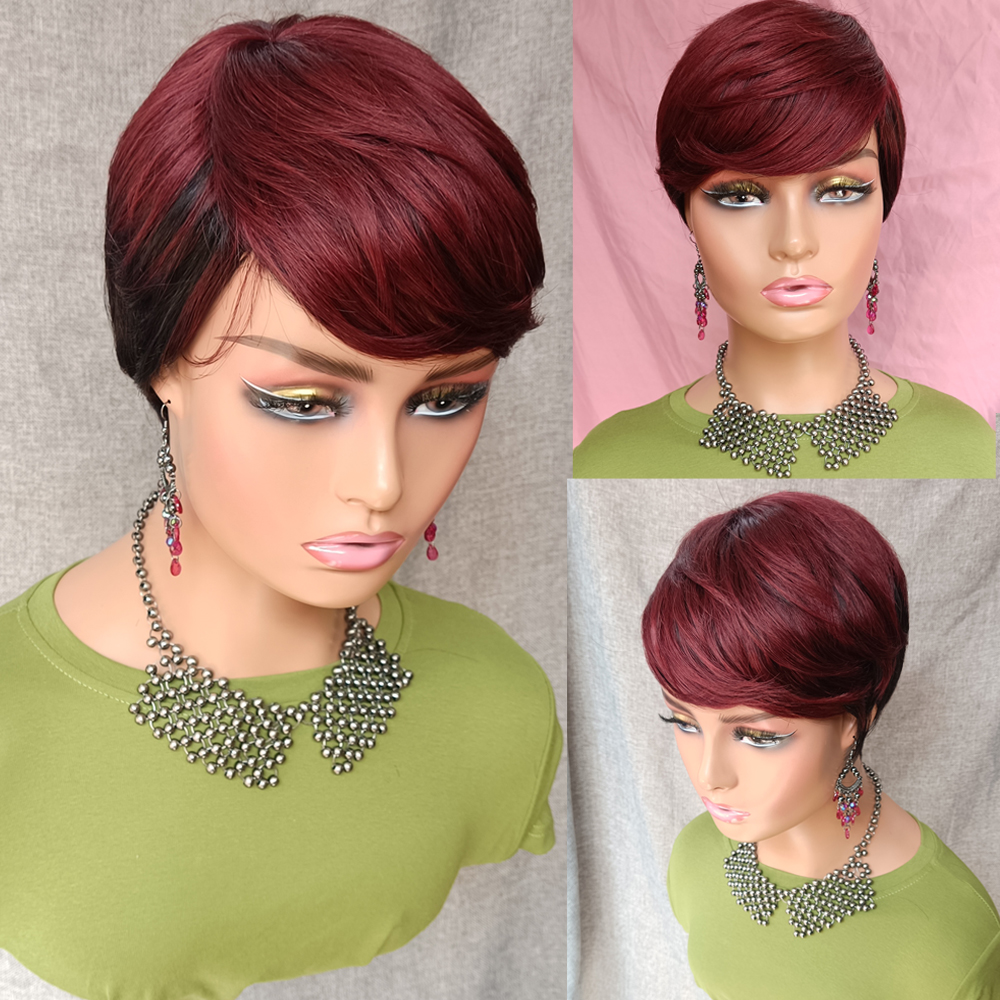 

LX Brand 99J Red Short Pixie Cut Wig Cheap Human Hair Wigs Straight Bob Wigs With Bangs Full Machine Human Hair Wig for Black Womenfactory d, Default color