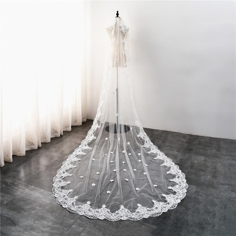

Bridal Veils Wedding Long Full Lace Edge 3D Pearls Flowers Floral Appliques Luxurious Veil With Comb Velo De Novia 3MetersBridal, White