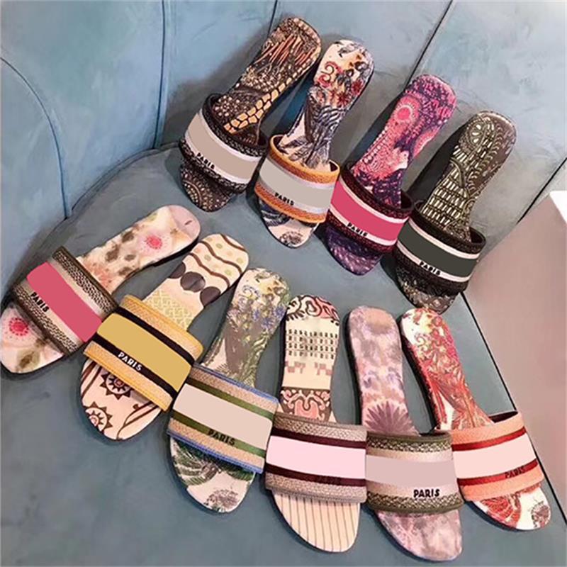 

Designer 2021Dway Slides Women Slipper Ladies Sandals Black Beige Flat Embroidered Cotton Upper 21 Colors Leather Slippers, Color 6