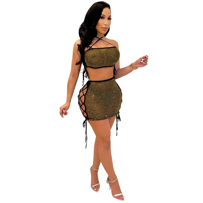 

Work Dresses Cutubly 2 Piece Sets Outfits Lace Up Womens Skirts Set Sexy Tight Fashion Halter Sheer Mesh Drill Club Party Night Y2k, Gold