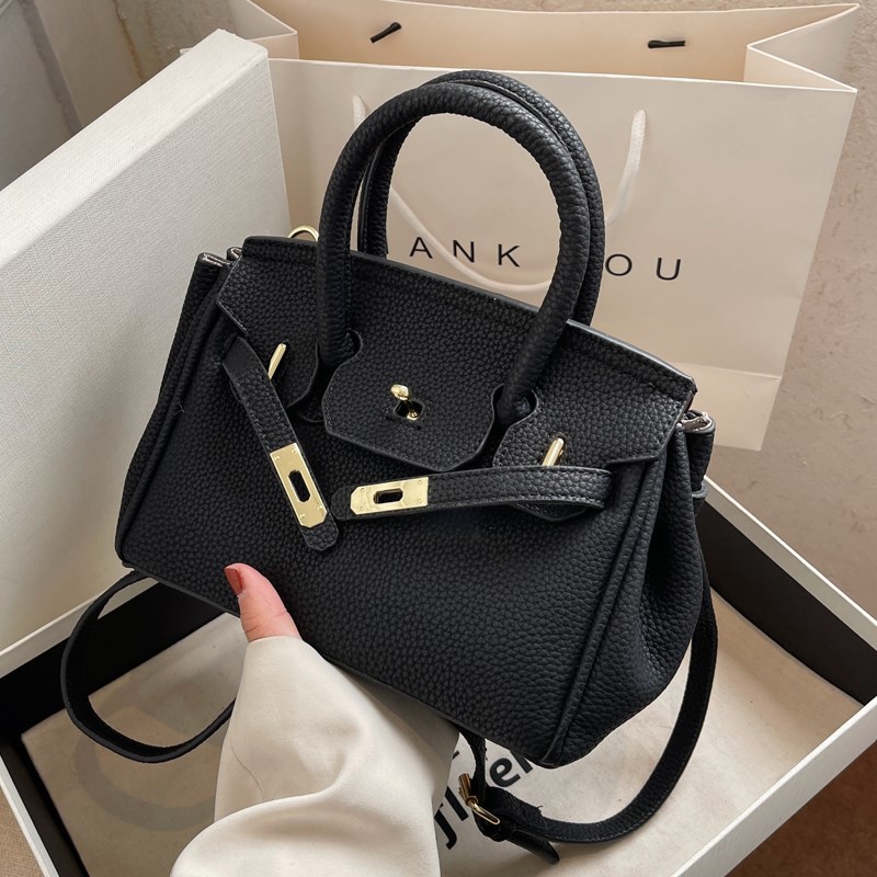 

Online celebrity's high-grade lychee-patterned high-capacity handbag women's new fashion one-shoulder slung Kelly bag, Black