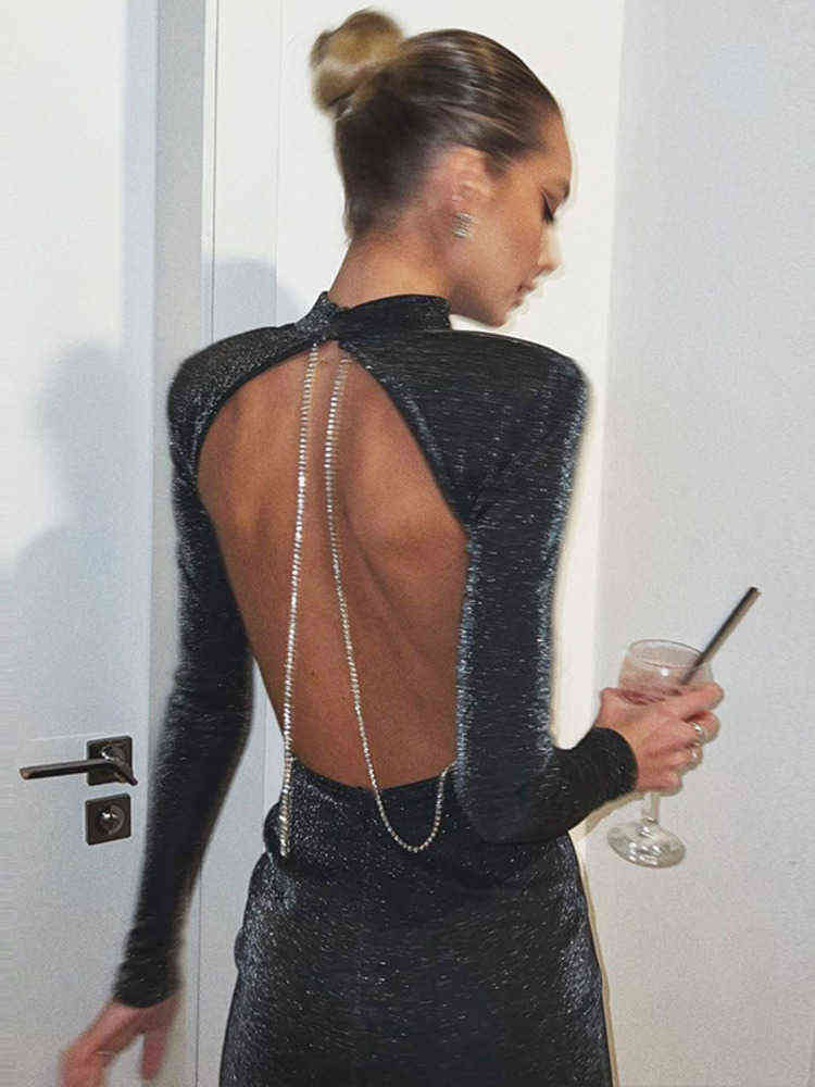 

Women dress Mozision 2022 Autumn New O Neck Full Sleeve Dress For Women Robe Fashion Black Backless Diamond Chain Party Mini Dress Vestido T220819