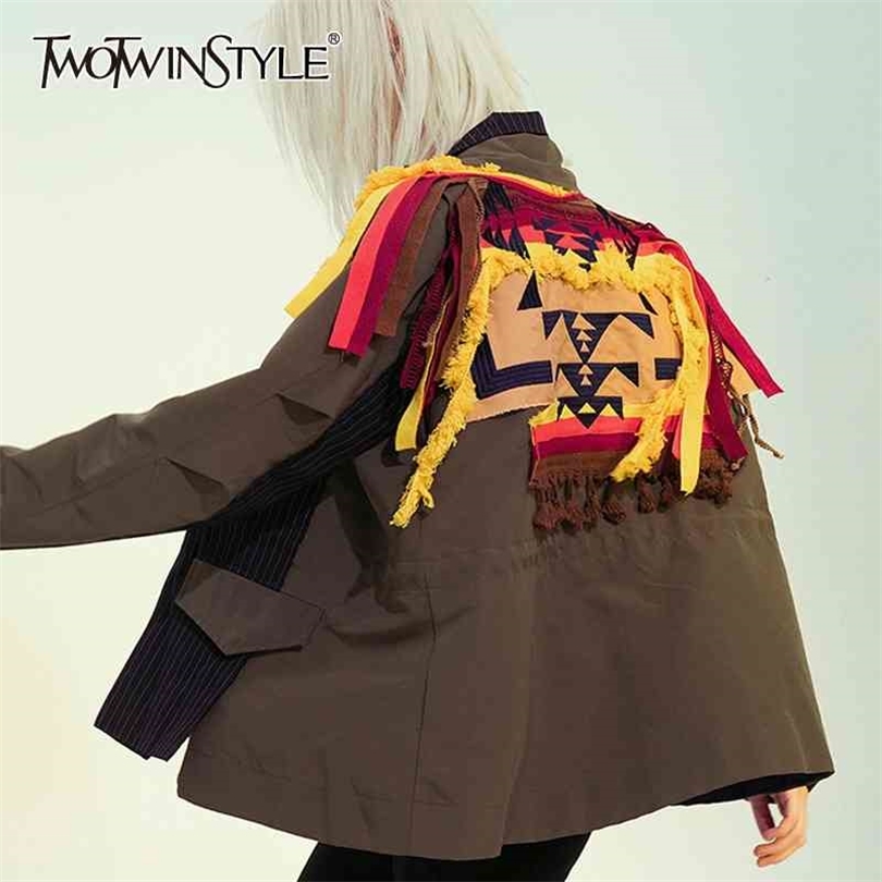 

TWOTWINSTYLE Patchwork Tassel Geometric Casual Jacket For Women Lapel Long Sleeve Streetwear Jackets Female Fashionable 210517, Armygreen
