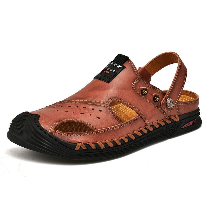 

Sandals Leather Men Casual Beach Comfortable Summer Shoes Handmade Sandalias Slippers Outdoor Water Size 38-44Sandals, Black