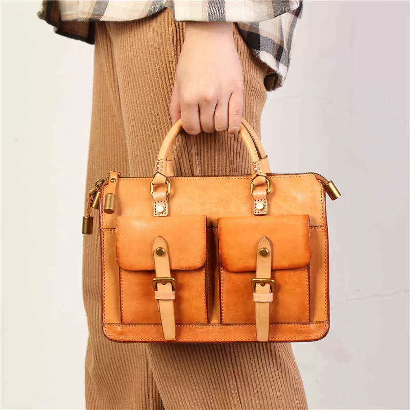 

Briefcases Leather Postman's Handbag Top Leather Literary Msenger Briefcase Minority Neutral Vegetable Tanned Shoulder Bag Air Boxes