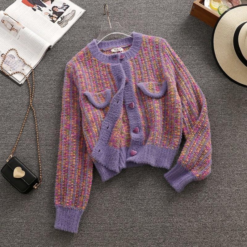 

Women's Knits & Tees High Quality Small Fragrance Mink Cashmere Sweater Coat Women Korean Casual Knitted Plush Soft Warm Cardigan Tops Pull, Purple