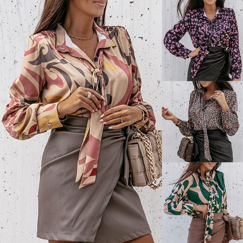 

Women' Blouses & Shirts Fashion Ladies Lapel Long Sleeves Printed Bow Ties Casual Women' Spring And Autumn Office Professional WearWom