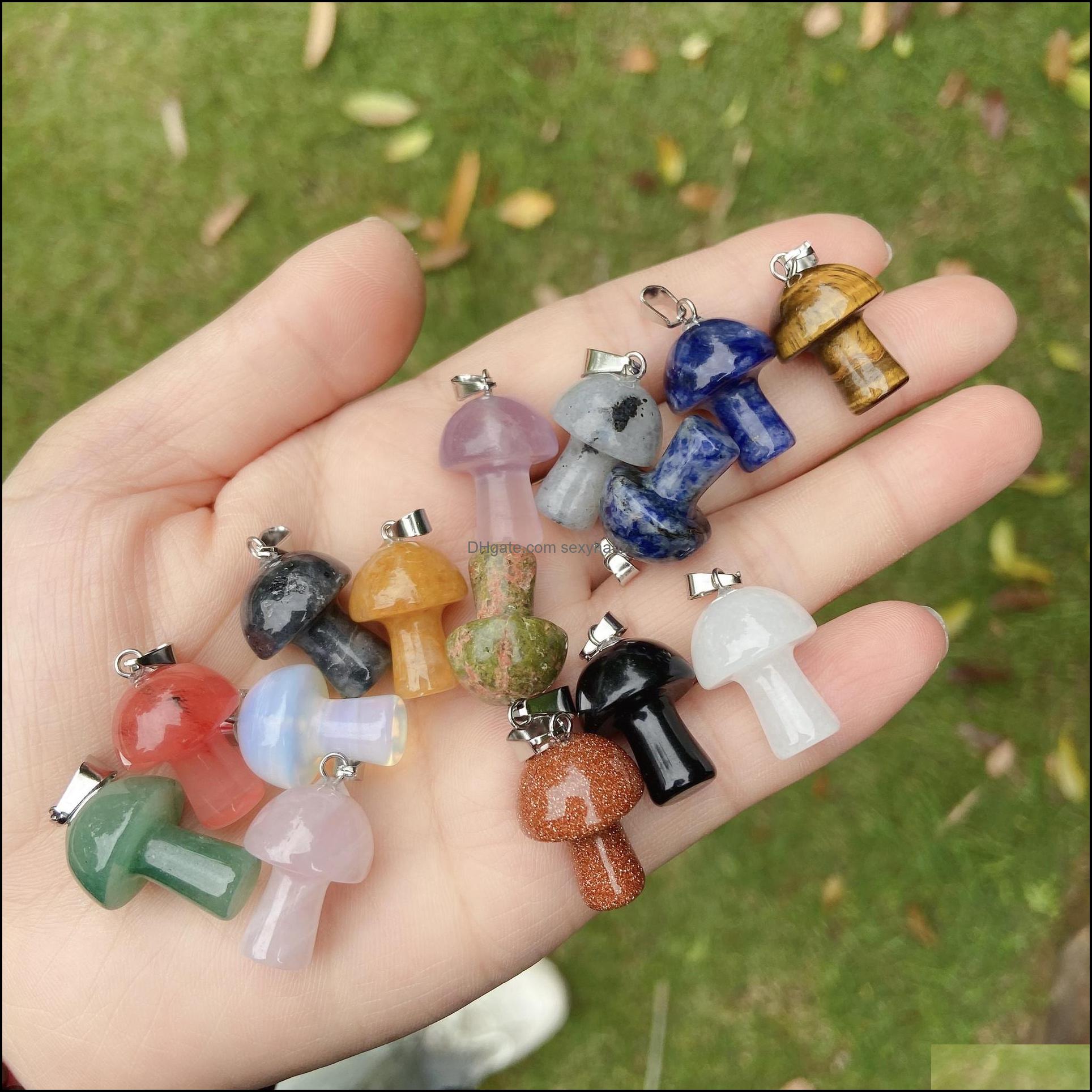 

Charms Jewelry Findings Components Natural Stone Carved 20Mm Mushroom Pink Quartz Chakras Crystal Tiger Eye Hand Pend Dhrr1